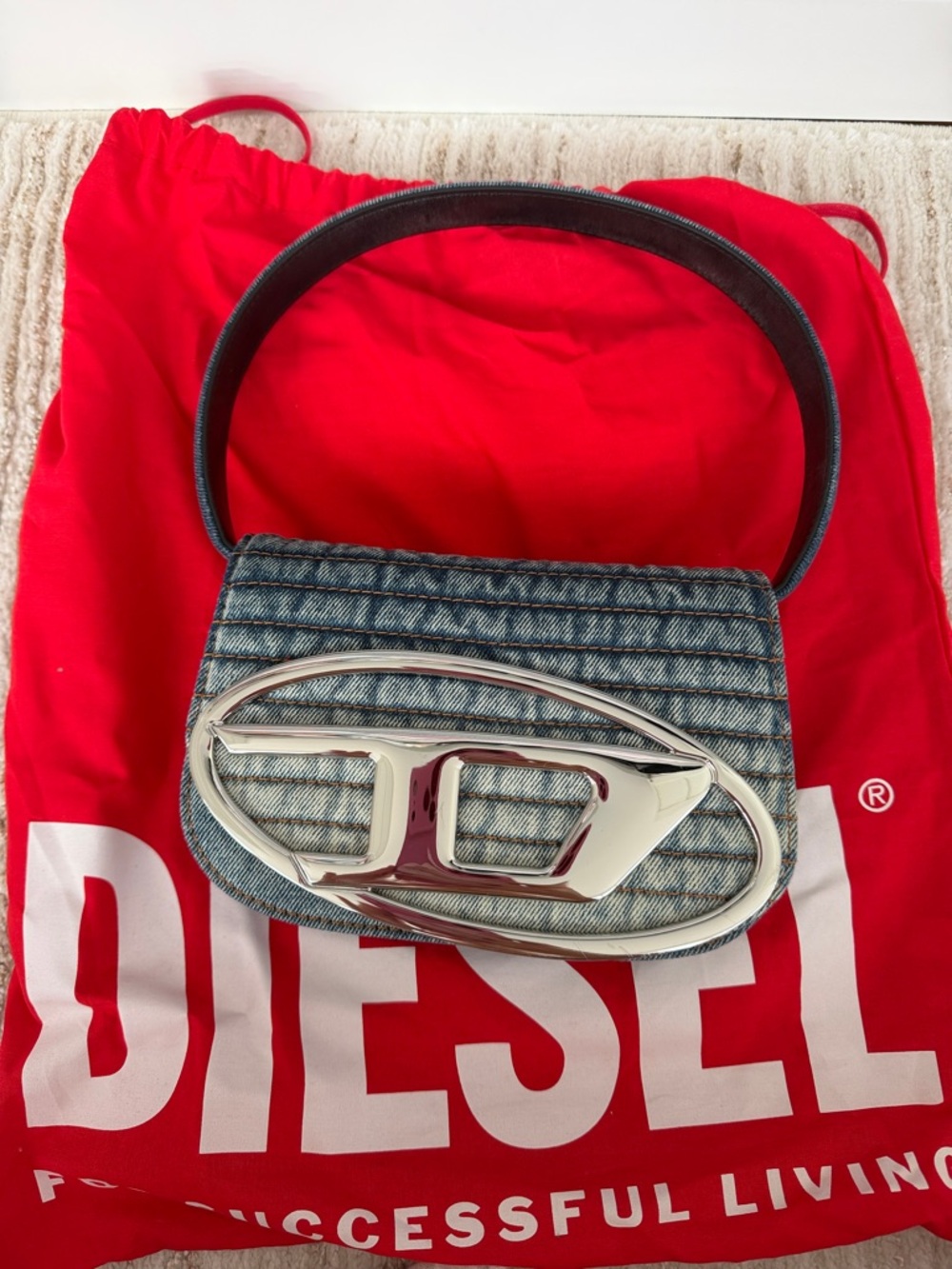 Diesel Quilted Blue Denim Shoulder Bag with Silver Logo